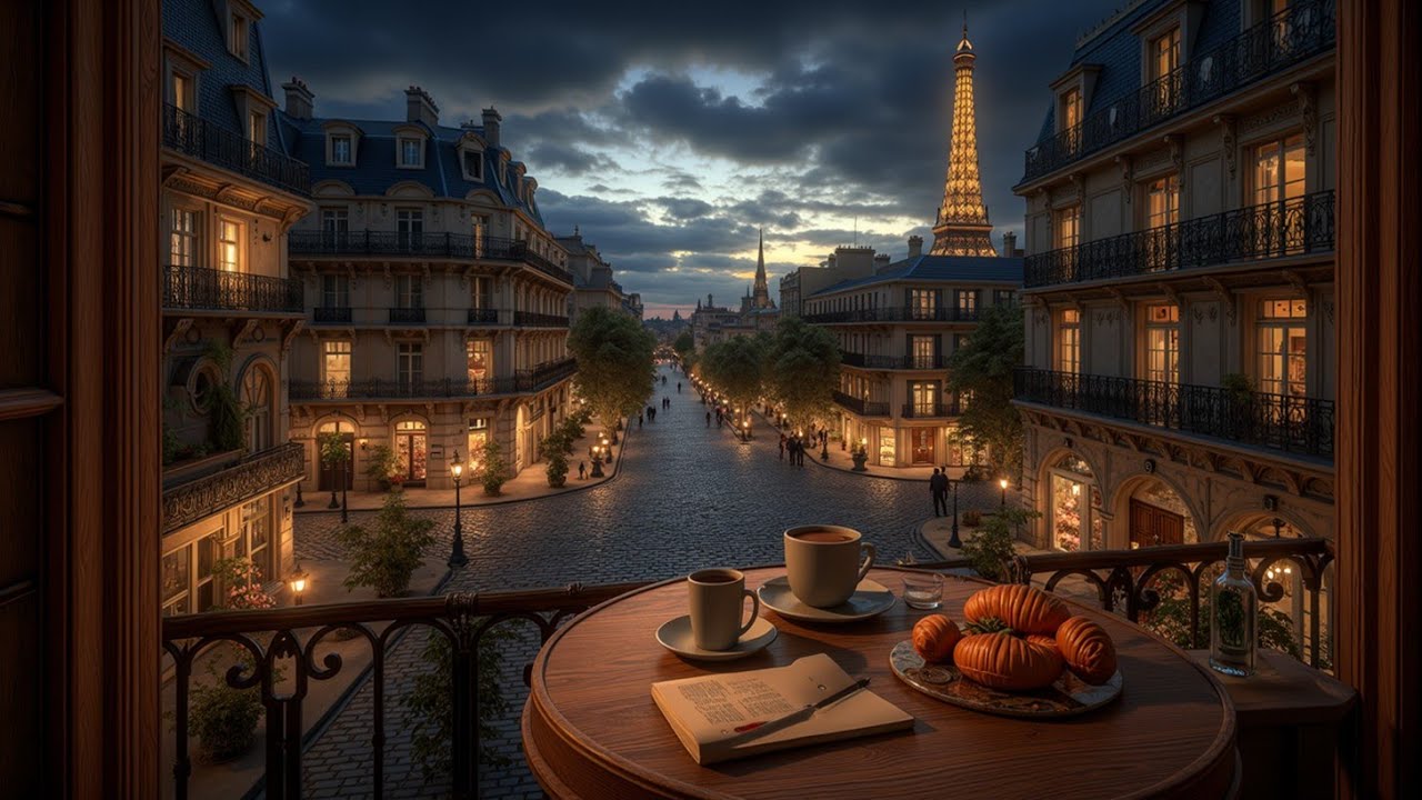 Уютная ночь в кафе с видом на Эйфелеву башню ~ Расслабляющее пианино