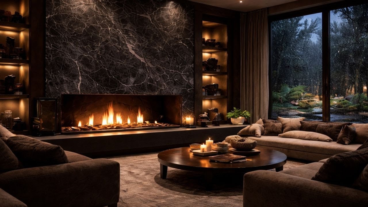 Luxury Interior | Cozy Fireplace Ambience | 2-Hour Rain, Piano, and Cozy Fire 2K