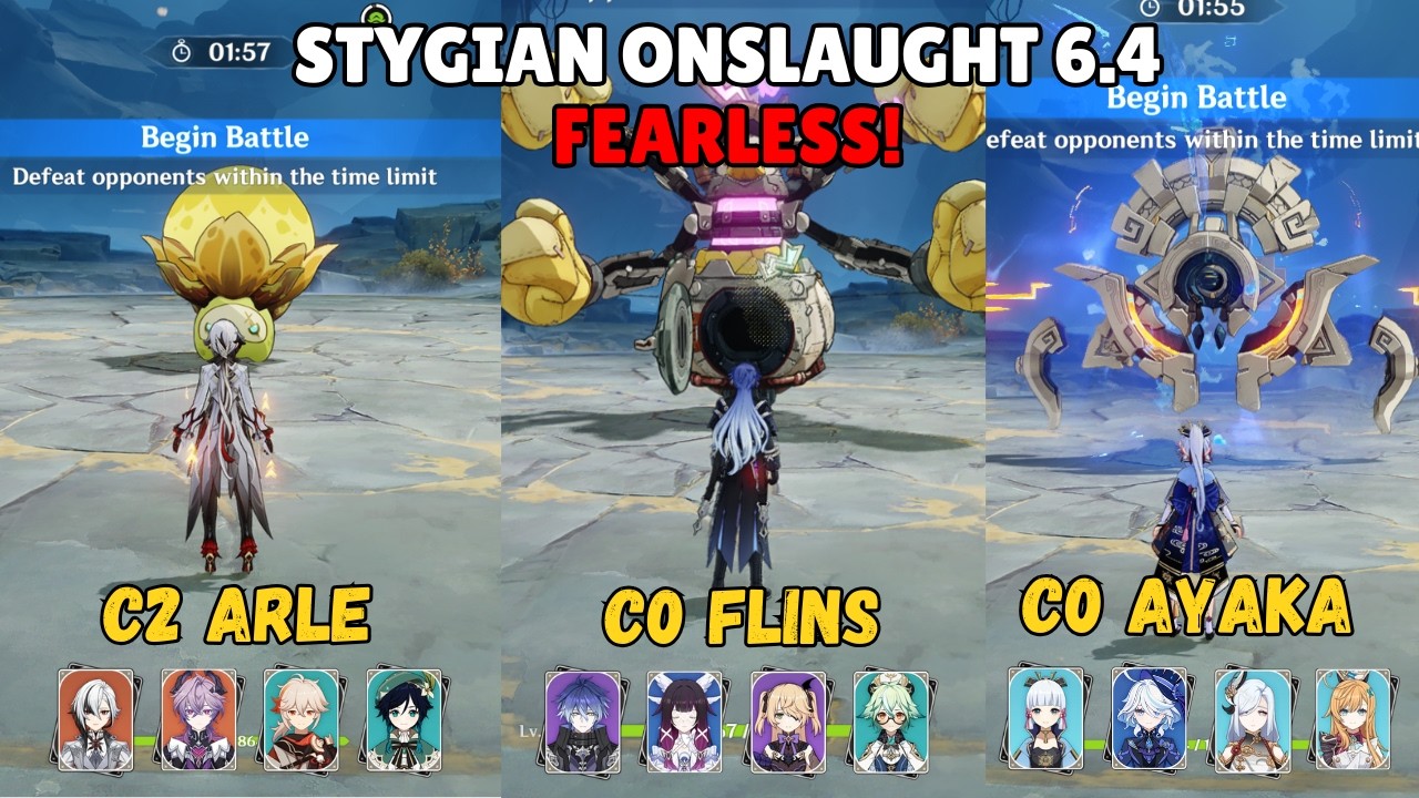 STYGIAN ONSLAUGHT 6.4 FEARLESS! C0 Ayaka / C0 Flins / C2 Arle All Boss Showcase | Genshin Impact
