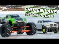 Xmaxx 8S and Slash 4S on Frozen Lake with Studded Tires