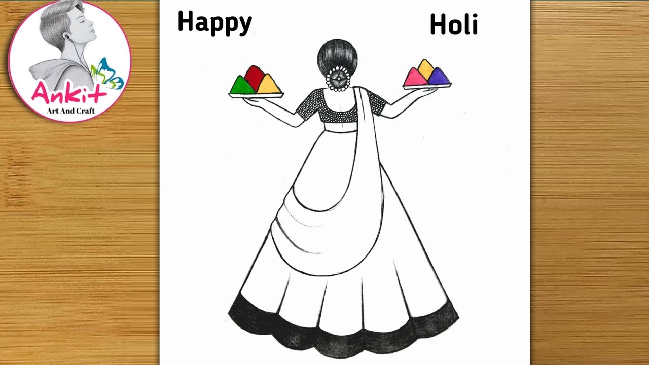 Holi drawing for kids / holi drawing easy step by step|how to draw traditional girl celebrating holi