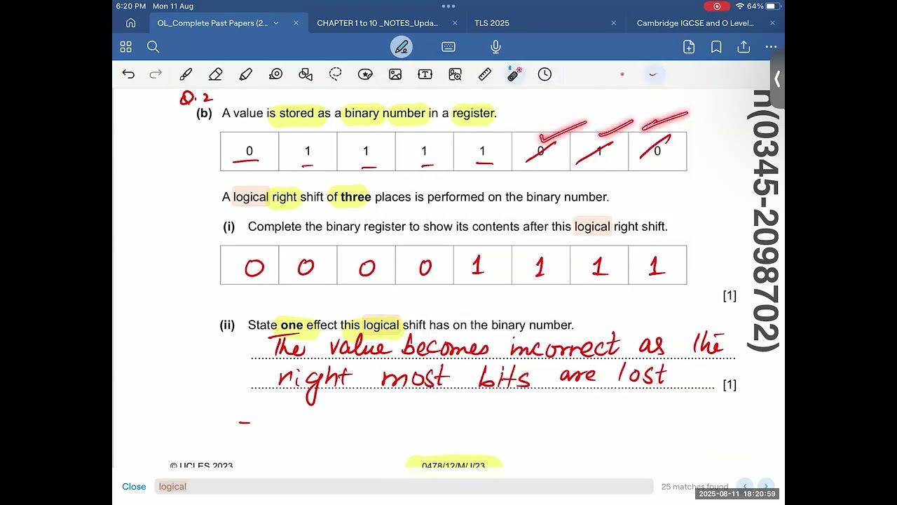 0478 IGCSE / OL 2210 Logical Binary Shift Continue Past Papers