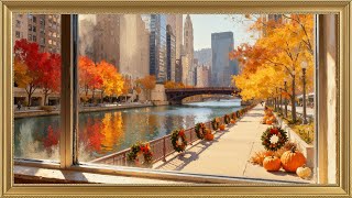 4k Fall framed painting for your TV 🍂 | Riverwalk area | subtle motion | ~ 2 hours |