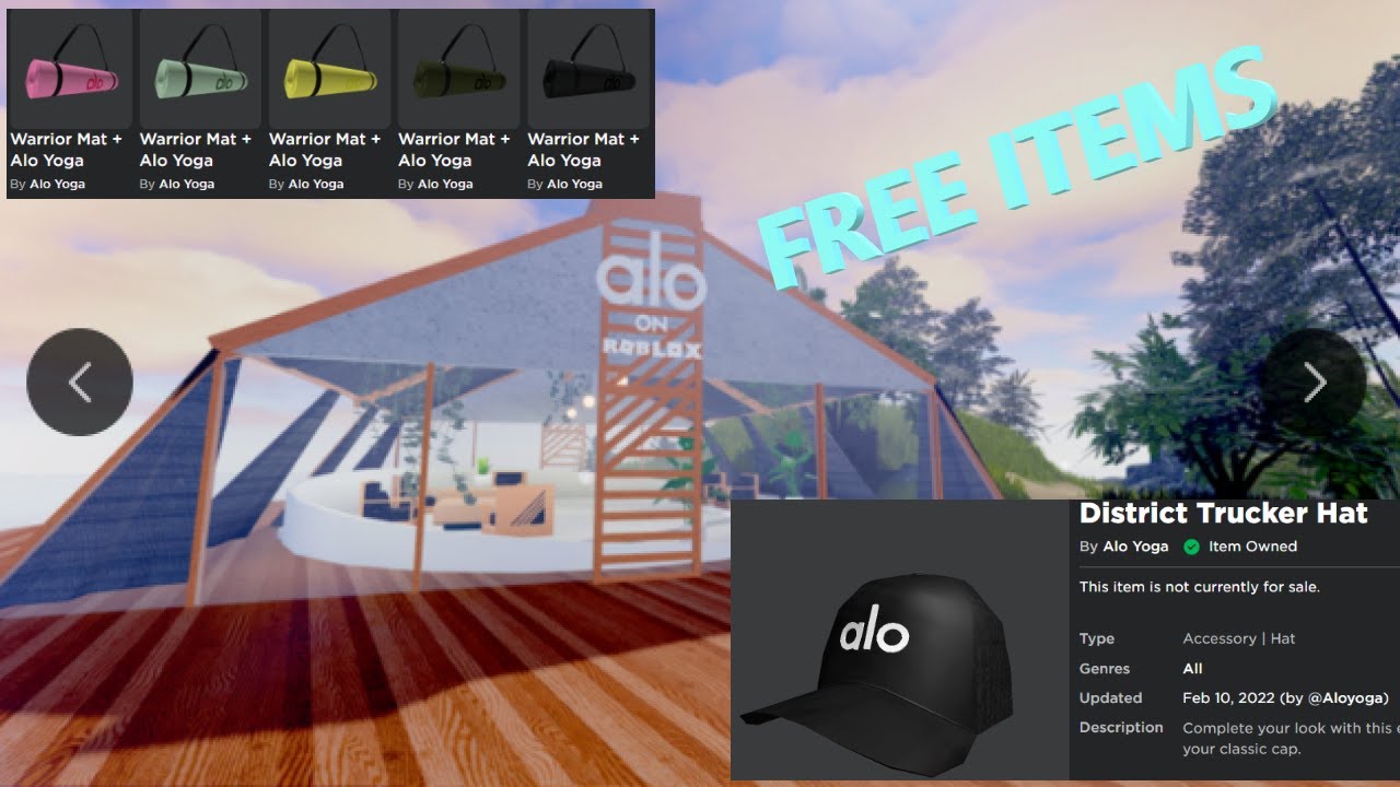 Alo Yoga Sanctuary Roblox FREE ITEMS District trucker cap and Mats