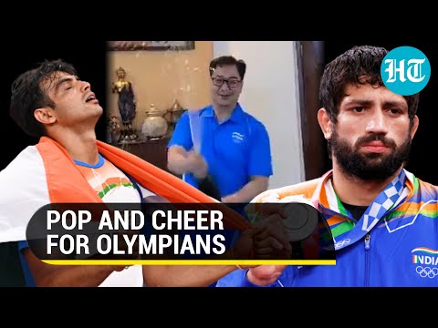 Watch: Kiren Rijiju pops champagne to celebrate India’s best-ever Olympic performance