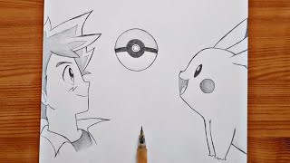how to draw Ash and Pikachu ( Pokemon ) | Ash & Pikachu step by step | easy drawing tutorial screenshot 4