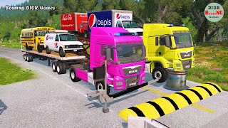 Double Flatbed Trailer Truck vs speed bumps|Busses vs speed bumps|Beamng Drive|832