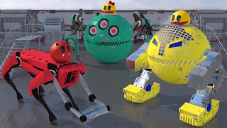 Two-Legged Robot Pacman & Spider-Bot vs Red Evil Pacman & Evil Robot Dog
