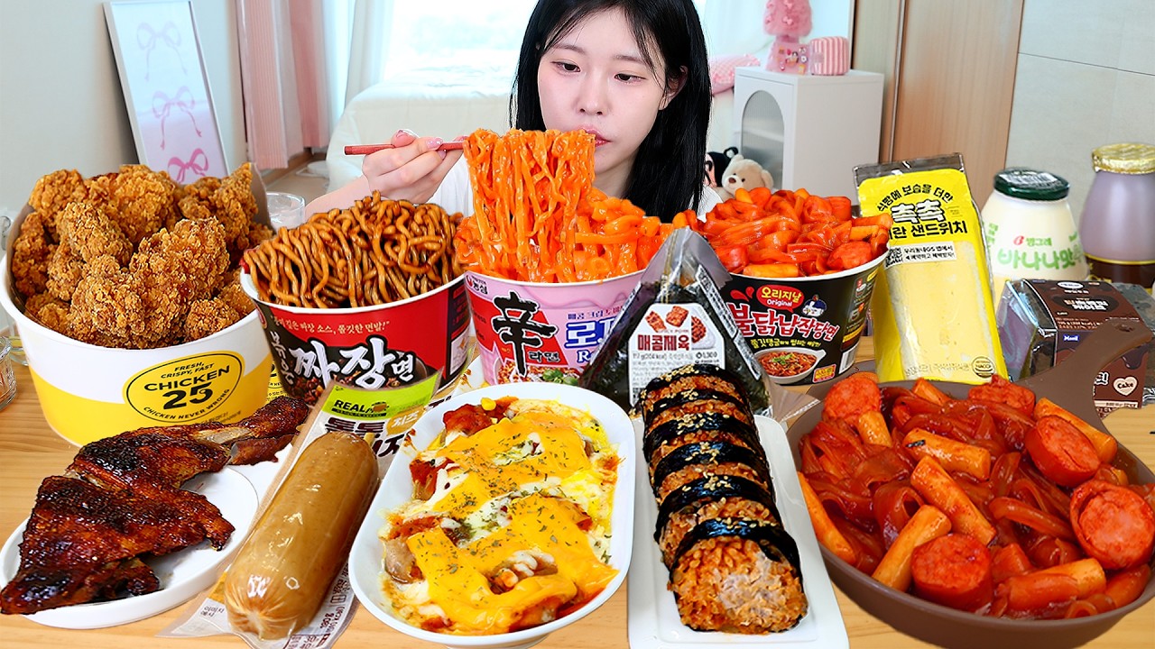 ASMR MUKBANG| 편의점 직접 만든 불닭 떡볶이 양념치킨 김밥 디저트 먹방 & 레시피 Convenience Store Food EATING