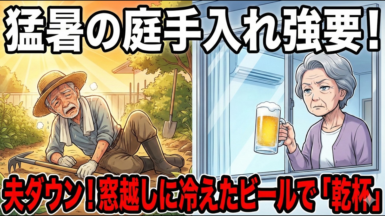 猛暑の中、庭の手入れを強要した夫が熱中症でダウン。私は窓越しに、キンキンに冷えたビールを掲げて「乾杯」の合図を送った。