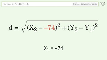 Find the distance between two points p1 (-74,-14) and p2 (74,-2): Step-by-Step Video Solution
