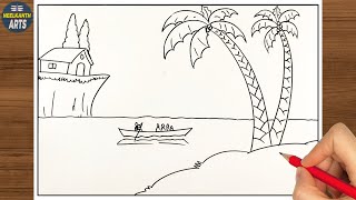 Boat Scenery Drawing Step by Step / River Scenery Drawing / How to Draw River with Boat Scenery