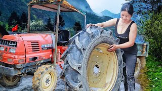 Process Mechanic Girl repairs and replace tire Kubota tractor, Girl tractor repair