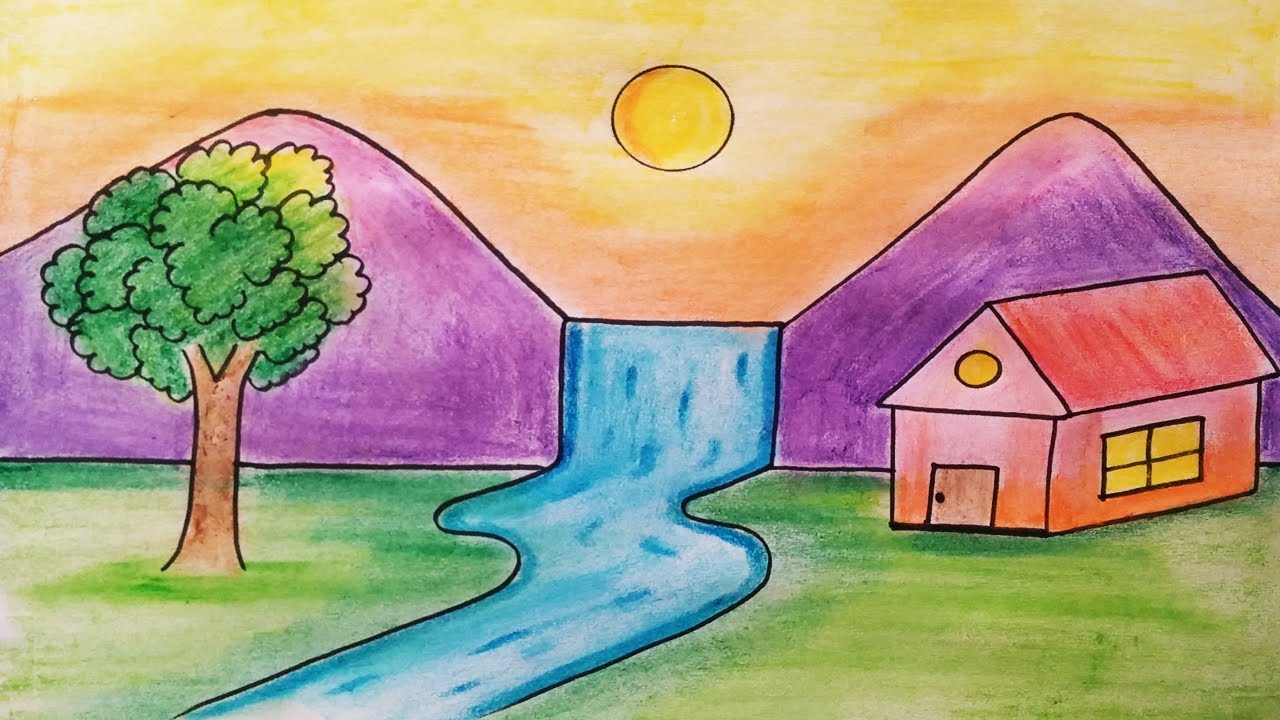 Easy landscape drawing for kids and beginnersLearn house and nature simple  painting  YouTube