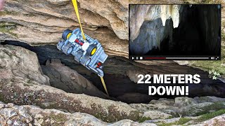 LEGO Technic vehicle rappels 22 meters down deep chasm cave.