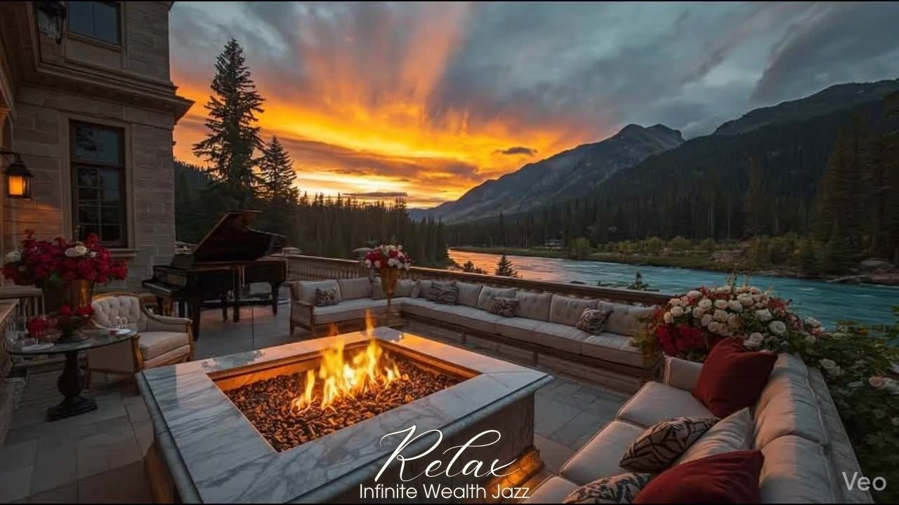 Epic Mountain Sunset Jazz 24/7 🔥🌊🎹 | Fireplace, Flowing River & Luxury Cozy Jazz Ambience
