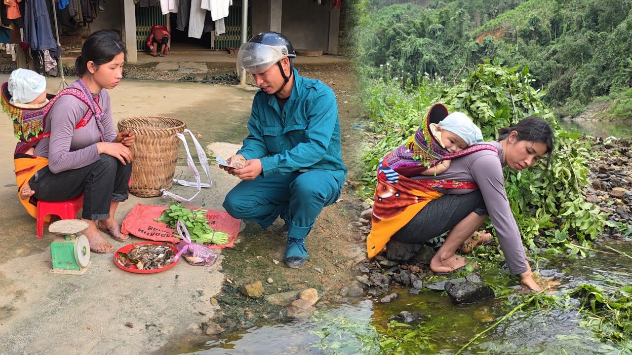 Single mother catches fish to sell with a kind of leaf on the riverbank ...
