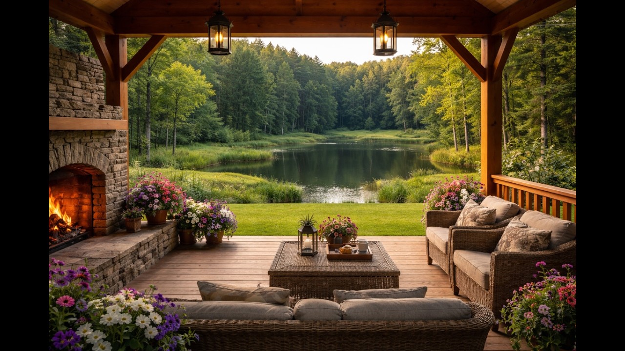 Spring day by the pond on the back porch with birds singing