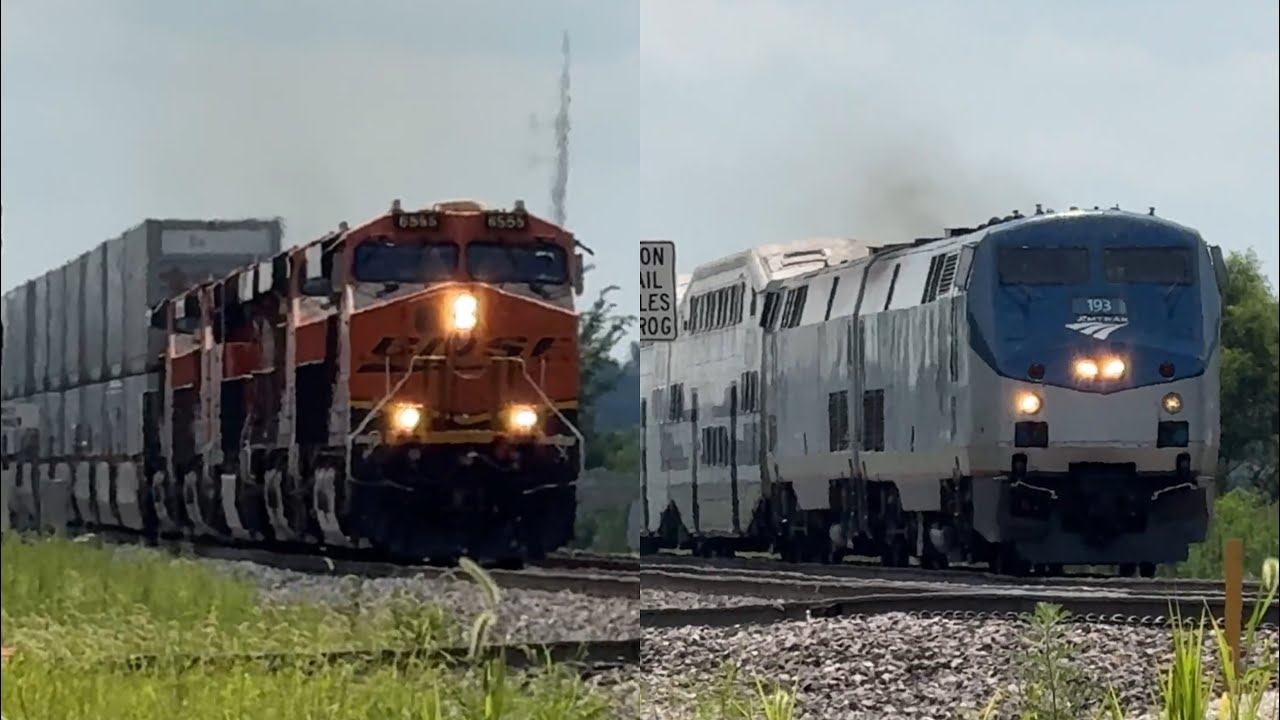 90 mph Amtrak Southwest Chief chases 65-70 mph BNSF Z train! BNSF Transcon: Marceline sub..7/12/25