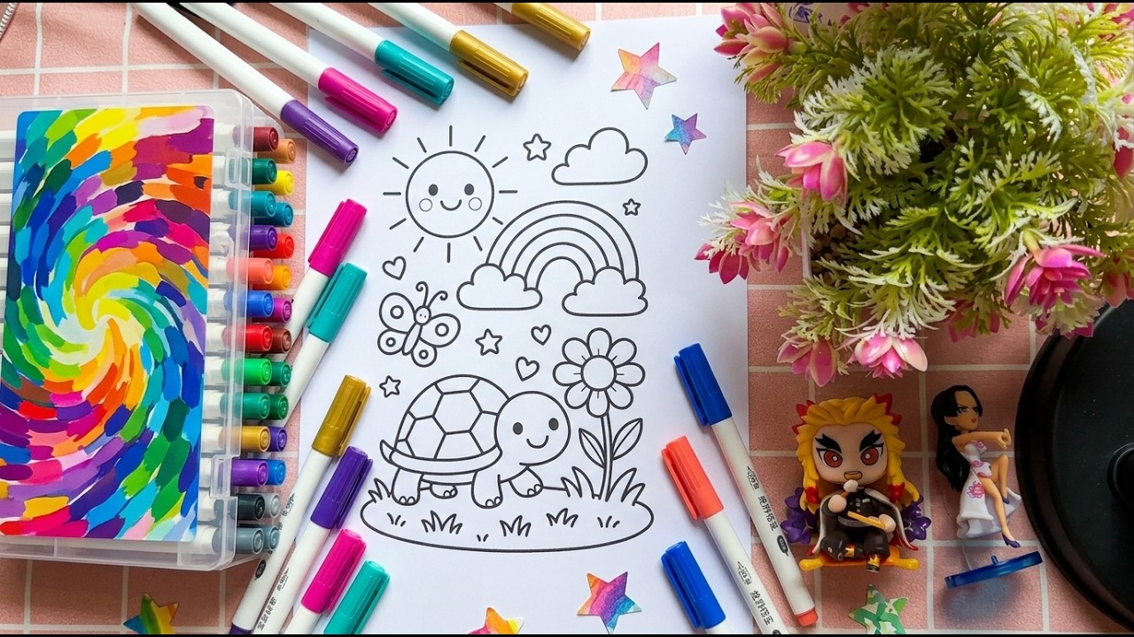 Relaxing Marker Art Time: Coloring a Cute Turtle & Rainbow! 🐢🌈