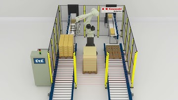 Kawasaki Robotics: EtE Pallet robotic cell with automatic transport of palletised products