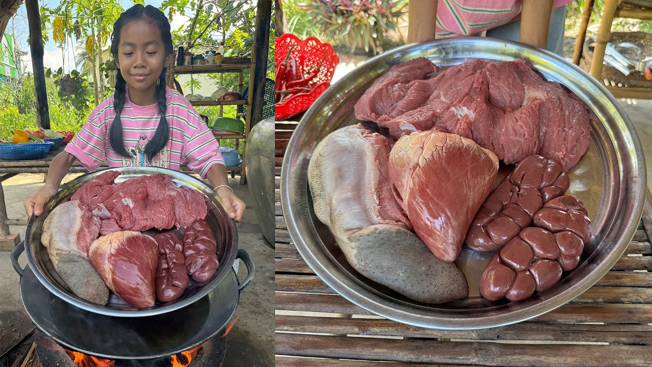 Cooking with Sreypich: Yummy beef heart, brrf kidney, beef cooking