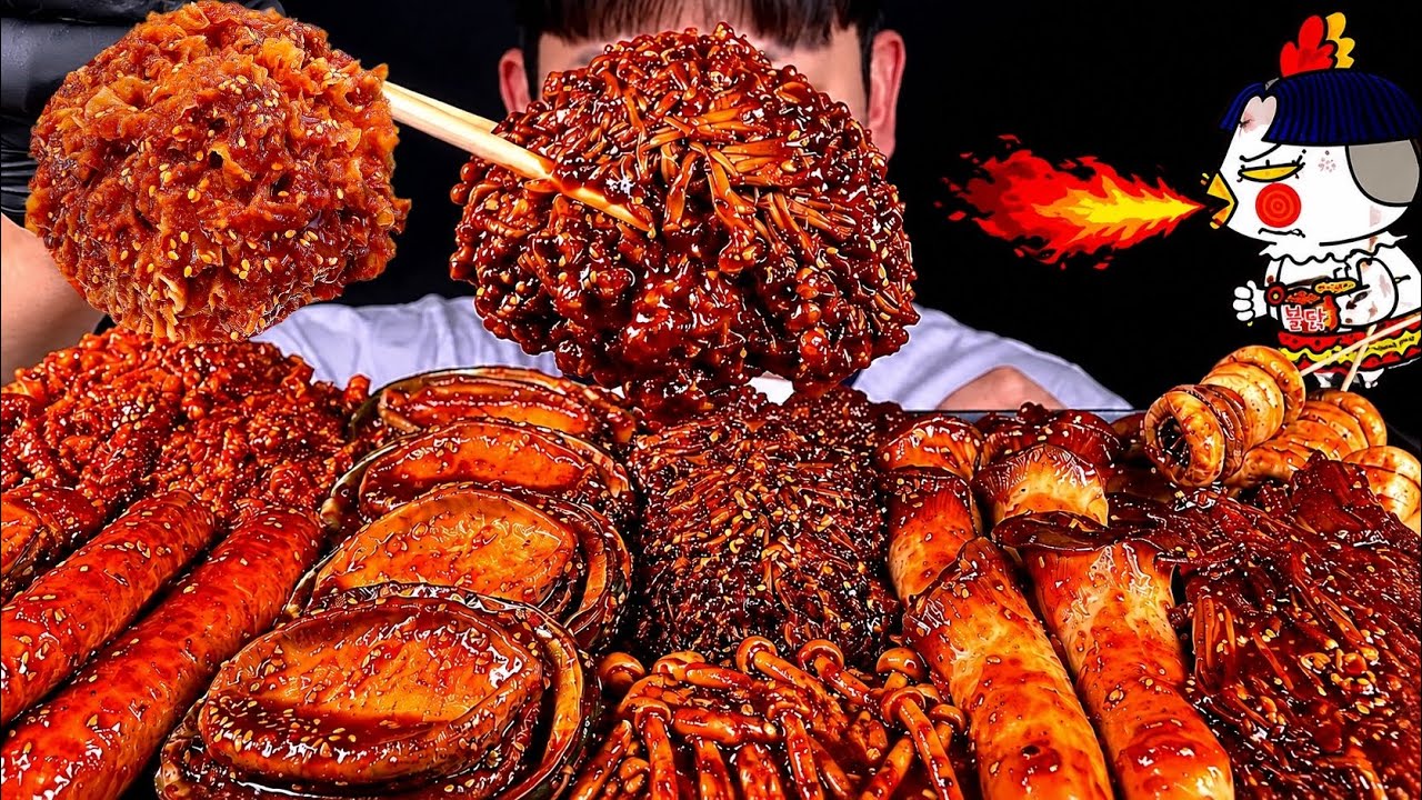 ASMR 불닭짜장버섯조림 팽이버섯 양송이버섯 황금송이버섯 수제소세지 왕전복 먹방~!! Spicy BulDak Mushrooms With GIANT ABALONE MuKBang~!!