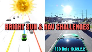 Tesla FSD Beta 10.69.2.2 - Bright sun and navigation challenges