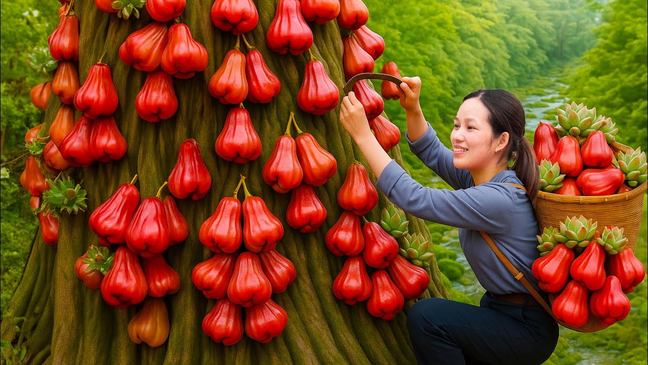 Women Harvesting Giant Rose Apples from Ancient Mossy Trees! 🍎🌿 - Full Harvest & Market Trip