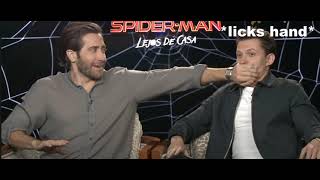 Tom Holland licks Jake Gyllenhaals hand while spoiling a movie.