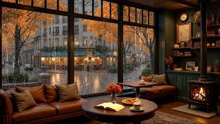 Elegant Autumn Window Café 🍂 Gentle Jazz Piano & Fireplace Sounds to Unwind & Stress Relief
