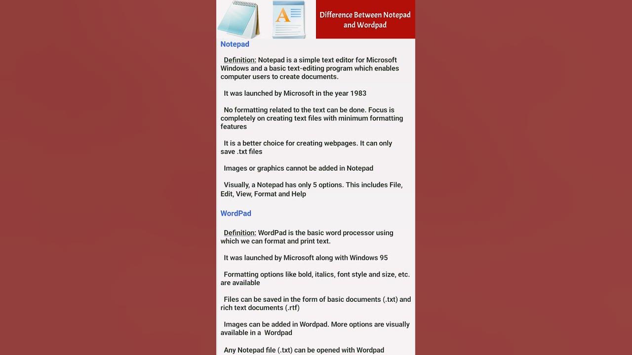 Difference between notepad and wordpad shorts youtubeshorts youtube