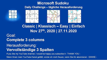 Sudoku Classic - Easy | Nov 27, 2020 | Goal: Complete 3 columns
