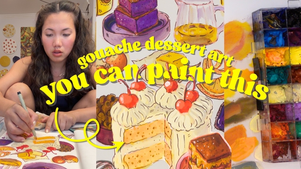 2 hours of painting gouache cakes! Paint with me real time process 🎂