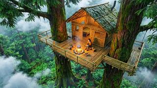 Alone in the Rainforest She Built a Hidden Bamboo Tree House in the Storm | Asmr Jungle Survival