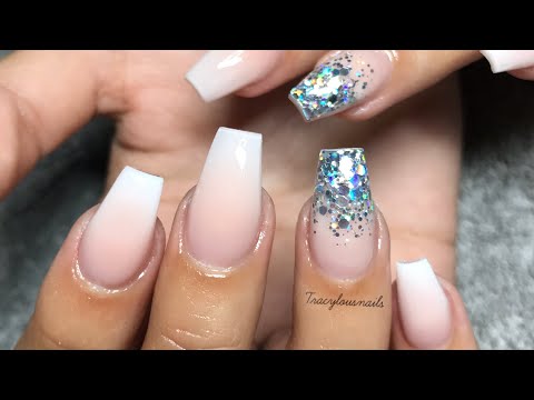 Elegant Baby Boomer Nails with Glitter Accent and Rhinestones