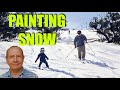 Painting snow and figures with watercolors. Trees and shadows in snow watercolour painting. Skiing.