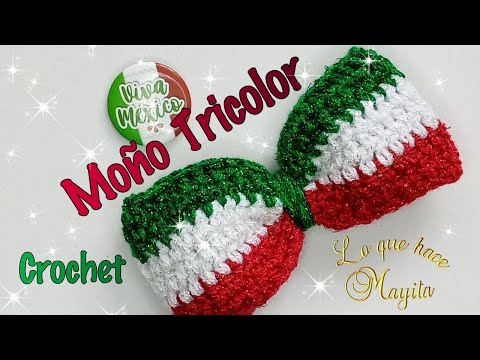 Moño tricolor tejido a crochet  Hilo cristal metalizado 