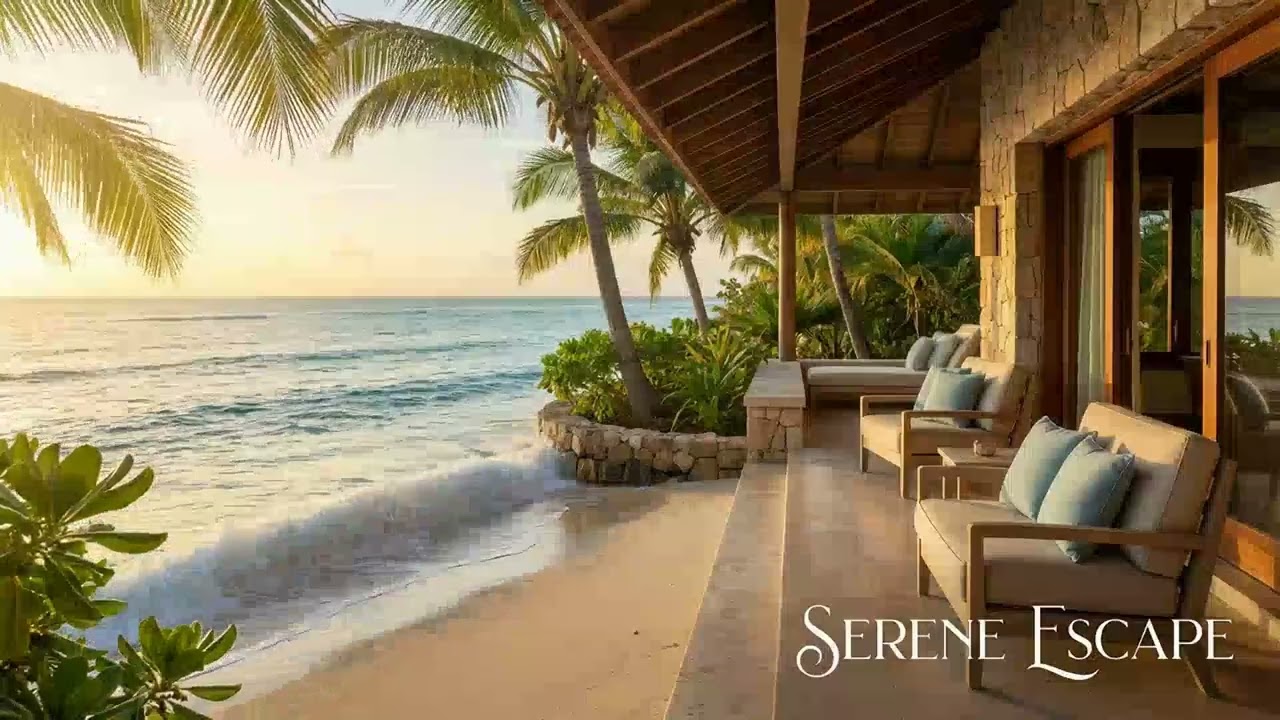 Tropical Villa Jazz by Ocean for Focus | Relaxing Beach Jazz & Palm Trees for Work, Study & Unwind