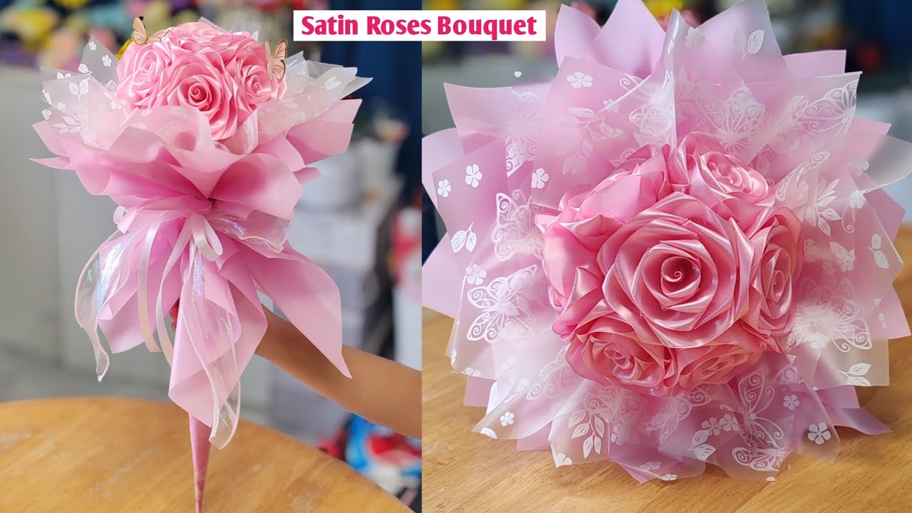 Satin roses bouquet cone wrapping tutorial #satinribboncrafts #ribbonrose