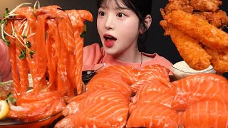 ม็อกบัง ซูชิแซลมอนยักษ์ บะหมี่แซลมอน! กุ้งทอดและไก่ทอด mukbang Asmr