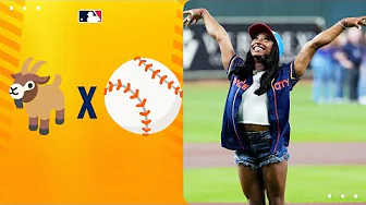 Simone Biles 🐐: STILL PERFECT! (Olympic medalists Biles + Chiles at Astros game!) thumbnail