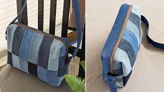 DIY Simple Patchwork Denim Crossbody Bag with Zipper Out of Old Jeans Fabric Remnants | Upcycle