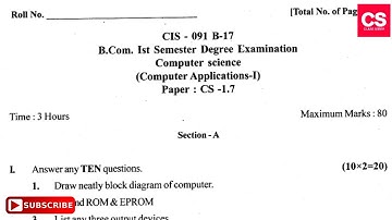 B.Com 1st Semester Computer Science Degree Examination Gulbarga University Question Paper-CS