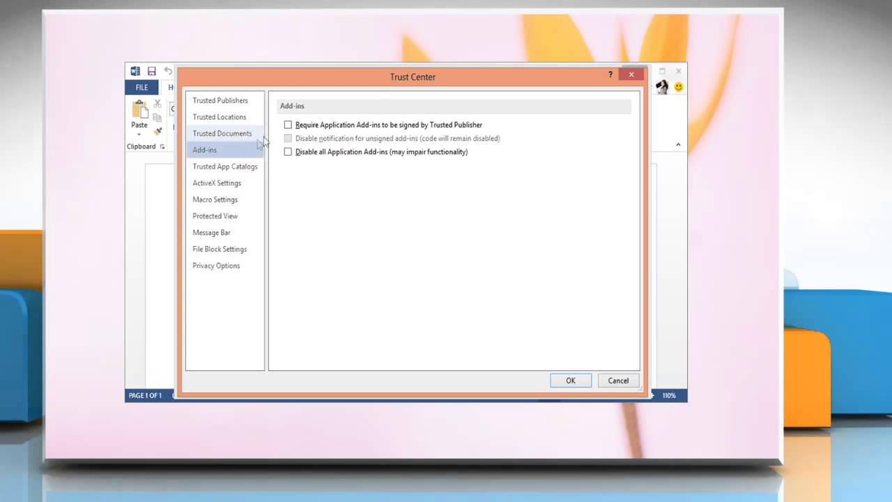 support groups near me How to view or change the add in security settings in Microsoft® Word 2013 on a Windows® 8 PC