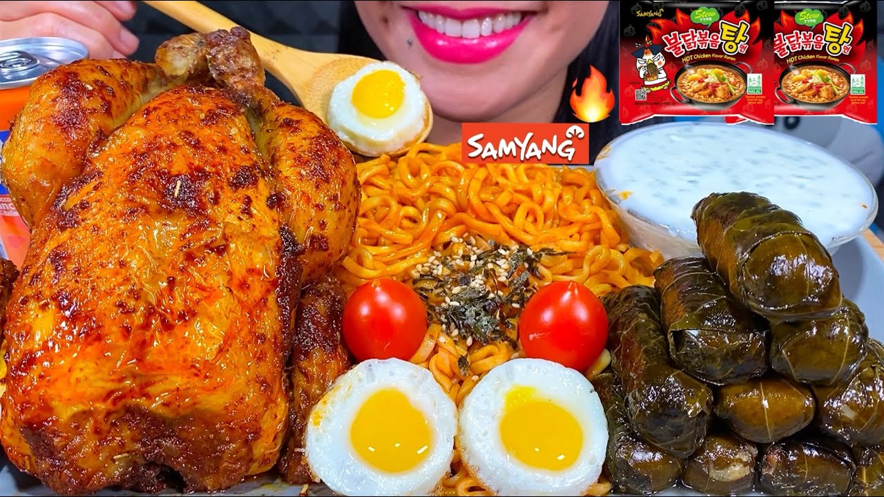 ASMR FIRE NOODLES, WHOLE ROAST CHICKEN, GRAPE LEAVES SARMA DOLMA, MUKBANG MASSIVE Eating Sounds