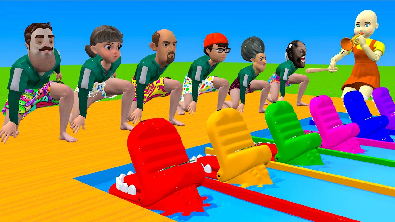 Scary Teacher 3D vs Squid Game Swimming Race Outdoor 100M Challenge Who Faster Water Spray and Cage