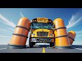 Mix Colorful City Buses Flatbed Trailer Trucks &amp; Cars vs Big &amp; Small Bollards - BeamNG Drive #1