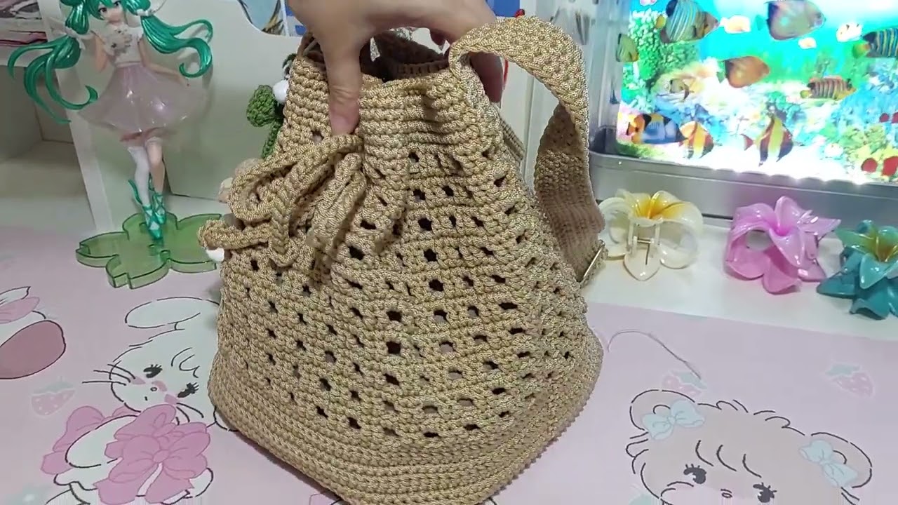 ส่งงานลูกค้า กระเป๋าถักเชือกฟอก สายรูด ขนาดกลาง