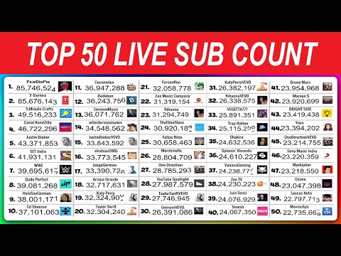 Top 50  Live Sub Count - PewDiePie VS T-Series & More!  Welcome to  the Top 50 Most Subscribed Channels on  24/7 Live Stream! This  educational stream is a real-time